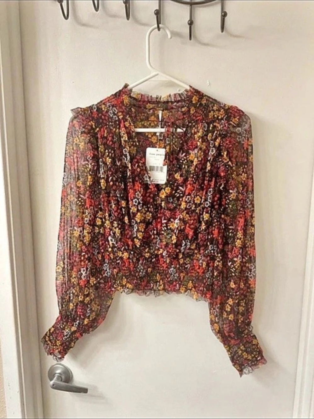 Free People Twyla Mesh Blouse Floral Black & Red Small